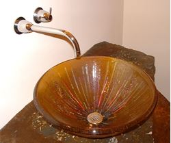 Picture of Amber Glass Vessel Sink With Copper Swirls