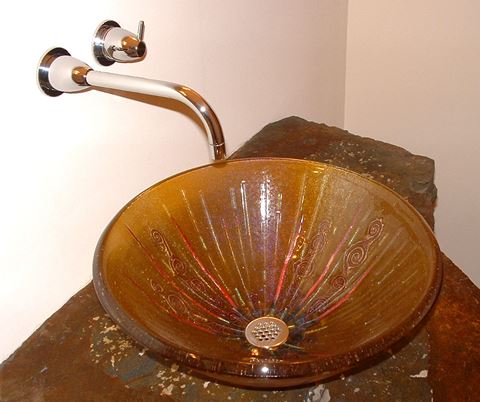 Amber Glass Vessel Sink With Copper Swirls