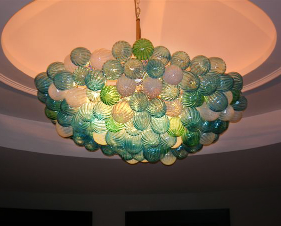 Picture of Blown Glass Chandelier | Gourds | Aqua, Emerald & Opal White