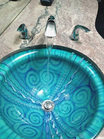 Light Aqua Venetian Glass Sink with Blue Canes