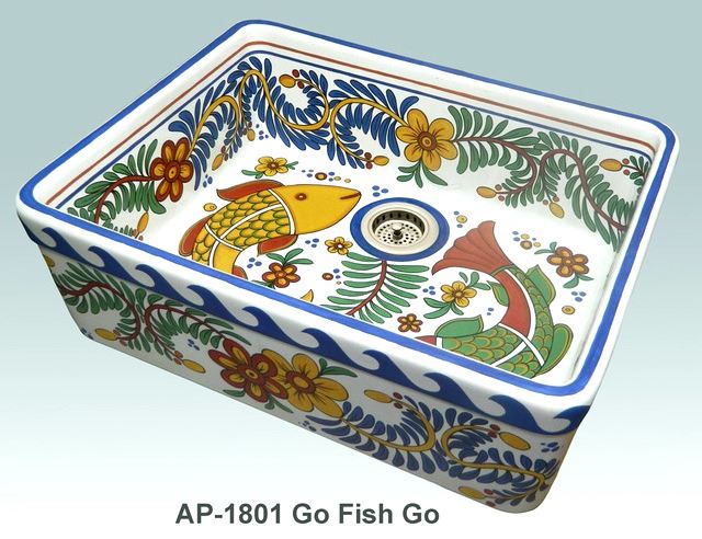 Picture of Go Fish Go Design on Single Bowl Fireclay Kitchen Sink